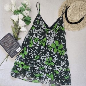 Solemio Green Floral Polka Dot Tiered Ruffle Cami Top Dress M